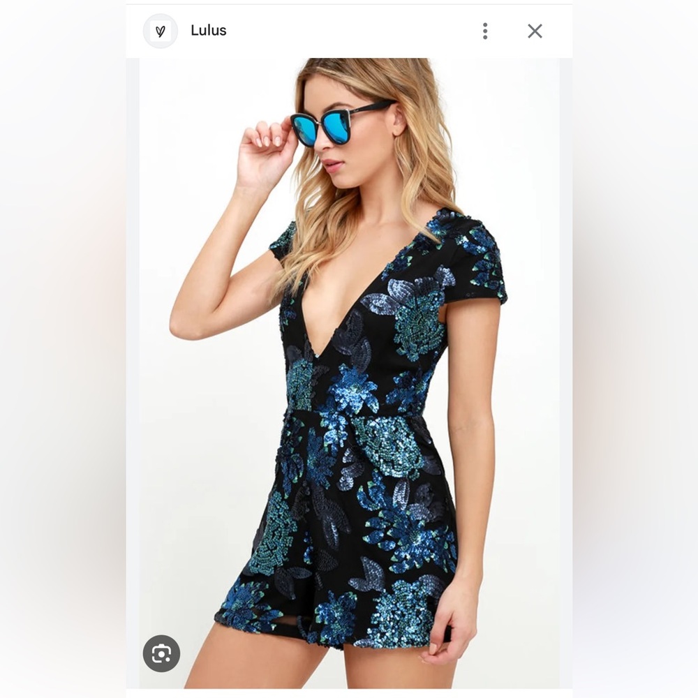 Luxxel Black Romper with Teal & Purple Sequin Floral Embroidery - Picture 3 of 5